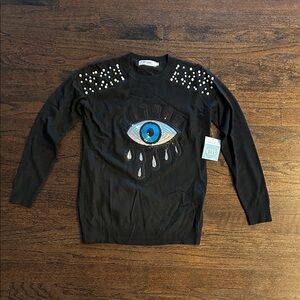 NWT In2You Women’s Black Sweater with Eye Design and Pearls Size Small